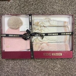 Steve Madden Pink and Cream Beanie with Scarf Set